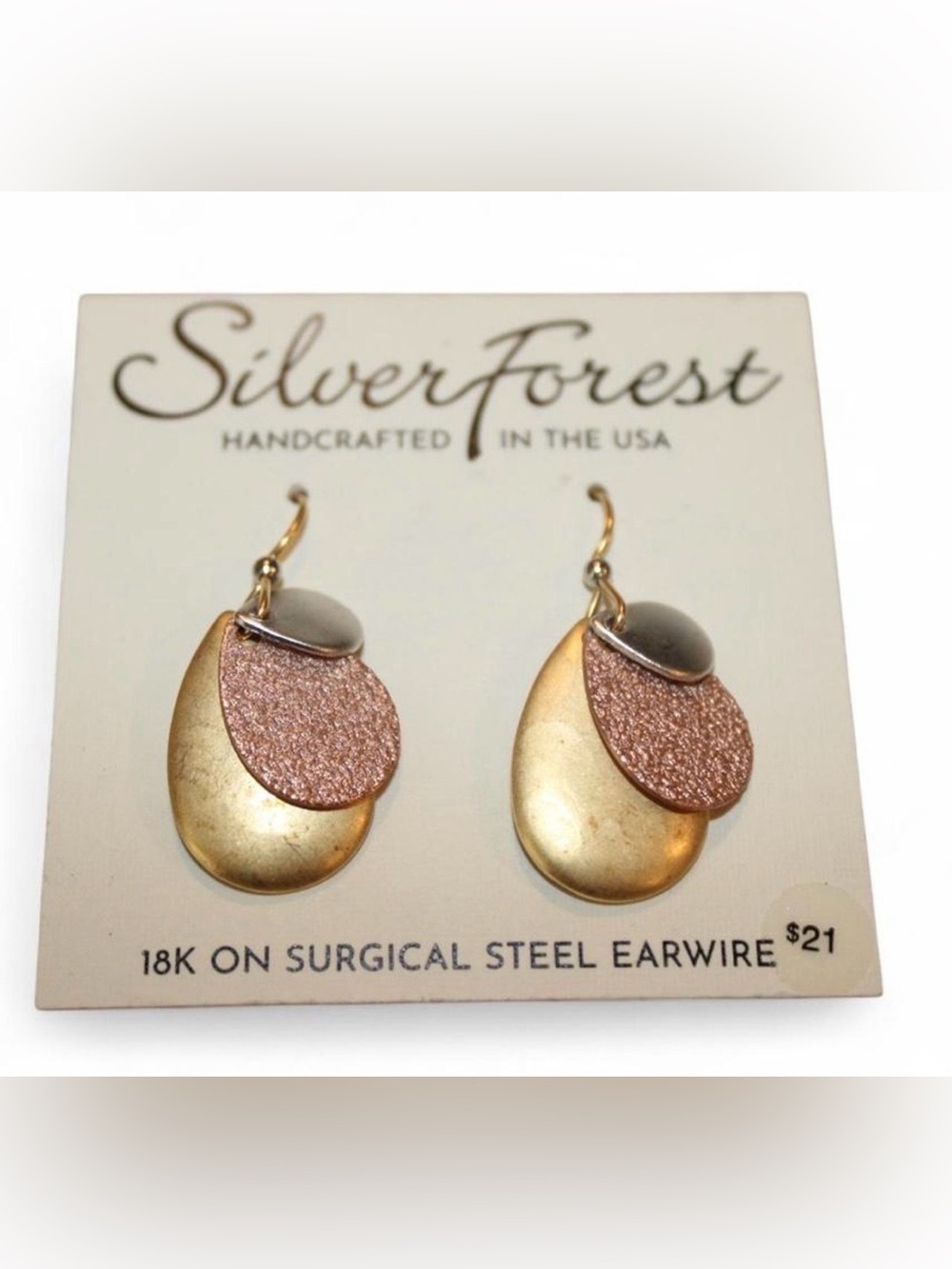 Silver Forest Mixed Metal Triple Teardrop Dangle Earrings NWT 18K Gold Overlay - Picture 3 of 3